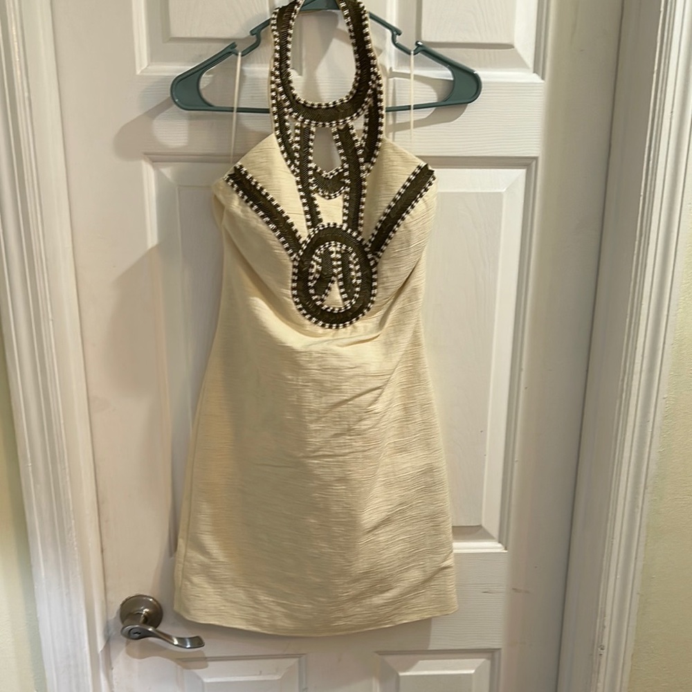 Trina Turk Cream Halter Dress with Brown sequin Detailing.